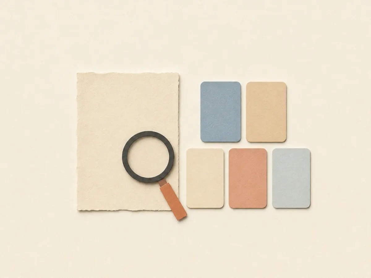 Blank paper under a magnifying glass beside five small blank paper cards, representing a church's comparison checklist
