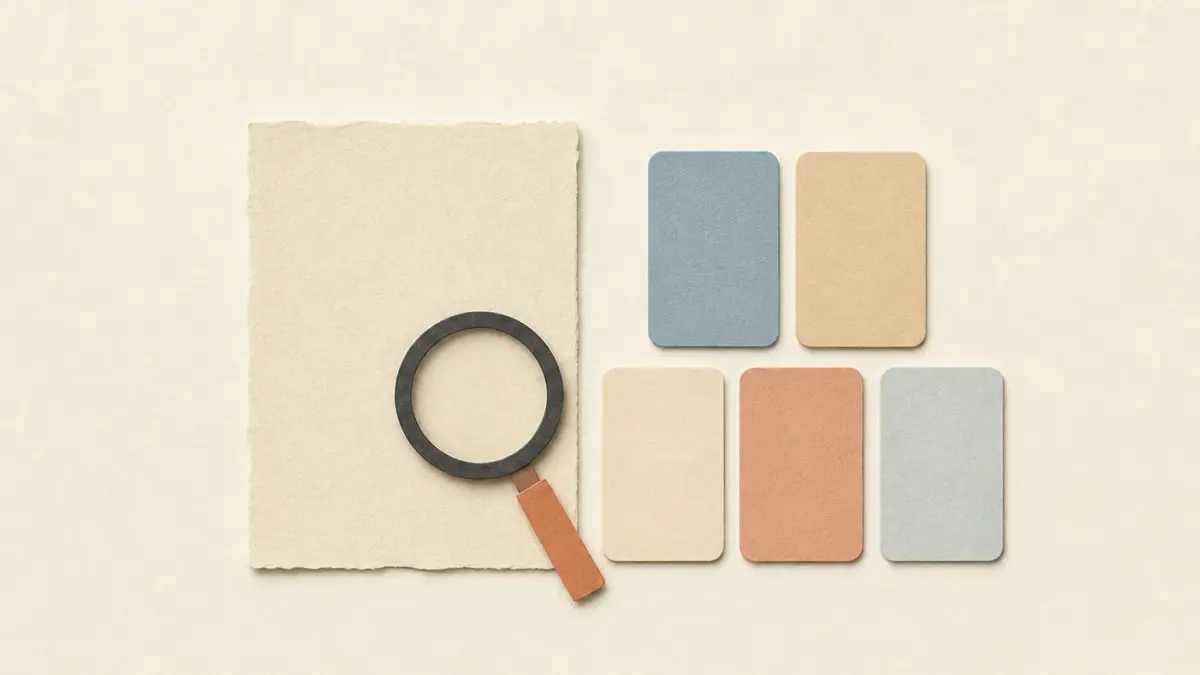 Blank paper under a magnifying glass beside five small blank paper cards, representing a church's comparison checklist