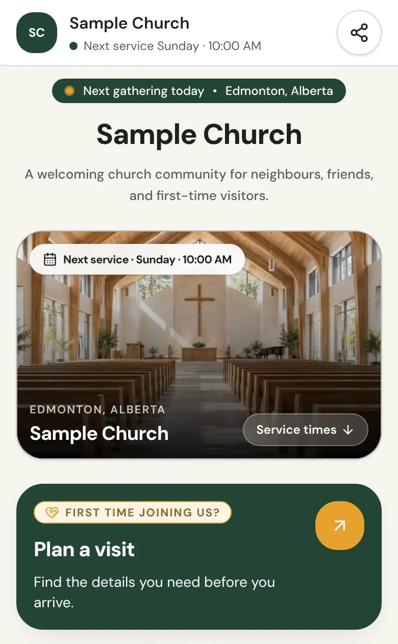 A sample church's Church Page on a phone, with its next service and a Plan a visit card.
