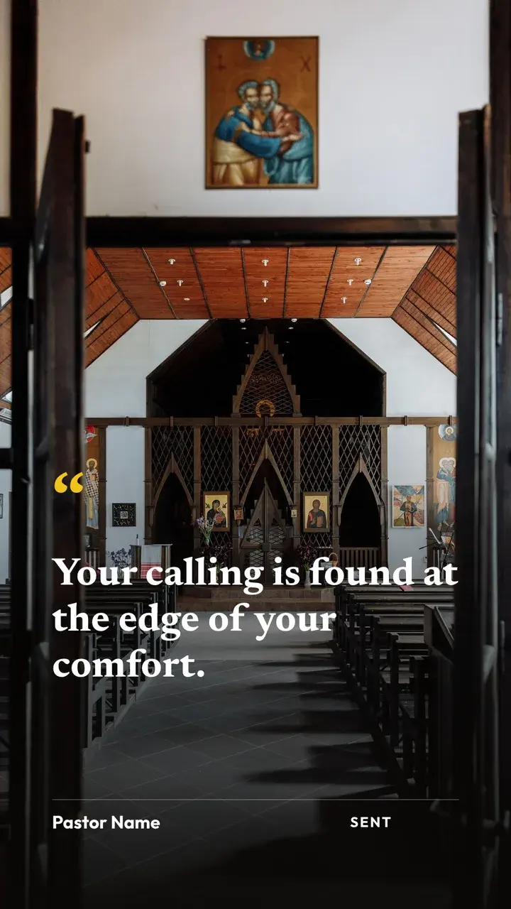 Quote post over a church interior with pews and a painted icon