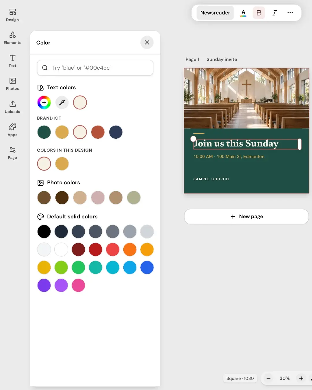 The Church Media Kit design editor with the Color panel open: a row of Brand Kit swatches beside a sample church invite.
