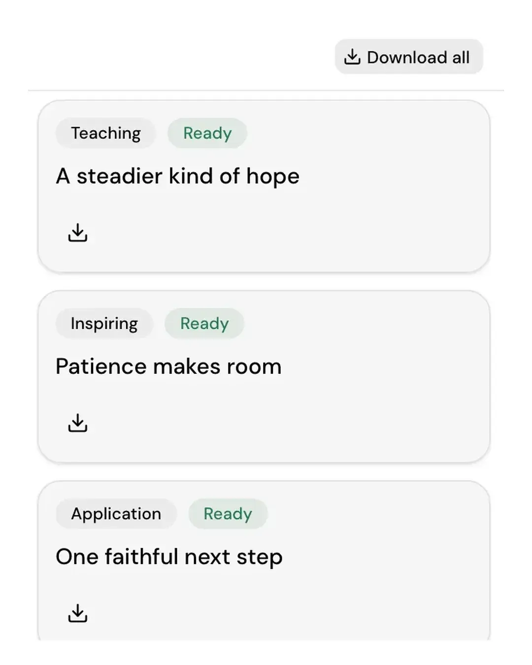 Three sample sermon clips, each marked Ready with a download button, under a Download all button.