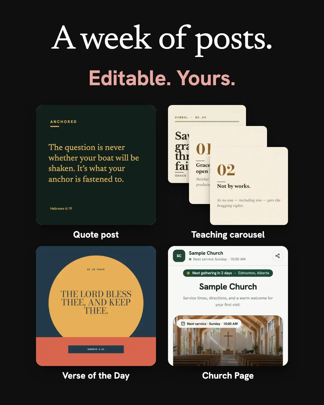 A week of editable church posts from one sample sermon: a quote post, a teaching carousel, a Verse of the Day and a Church Page.