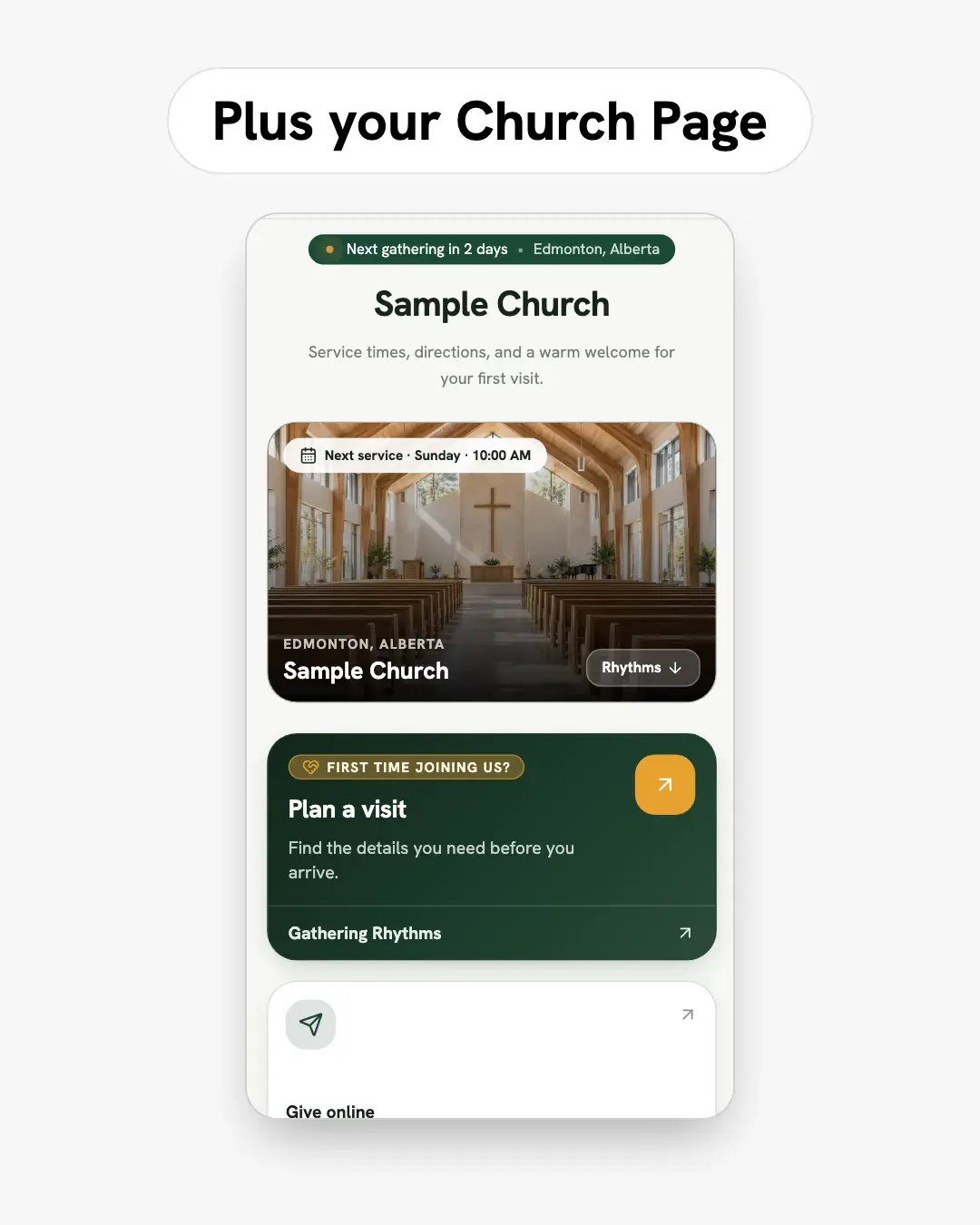 A sample Church Page shown on a phone.