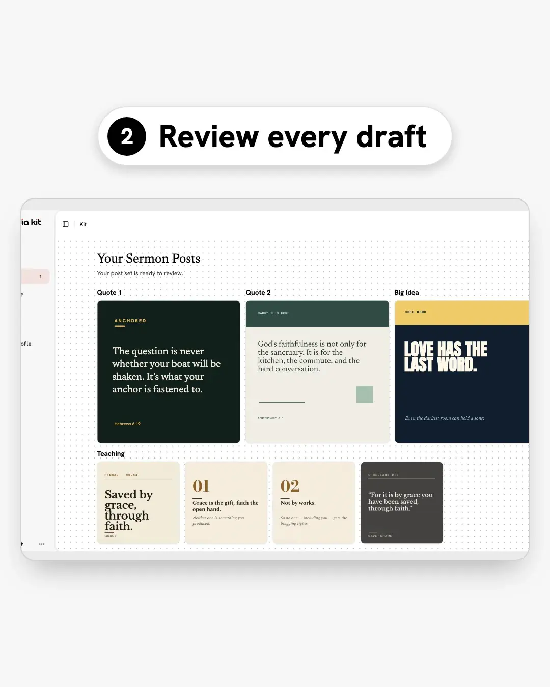 Sample sermon posts open for review in the editor.