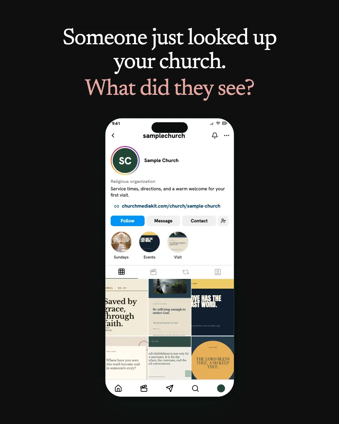 A sample church's Instagram profile on a phone with its link in the bio, under the words Someone just looked up your church. What did they see?