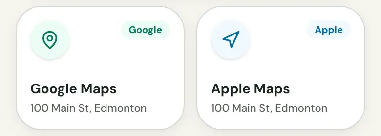 Two direction tiles from the Sample Church page, one for Google Maps and one for Apple Maps, each showing the street address in Edmonton.