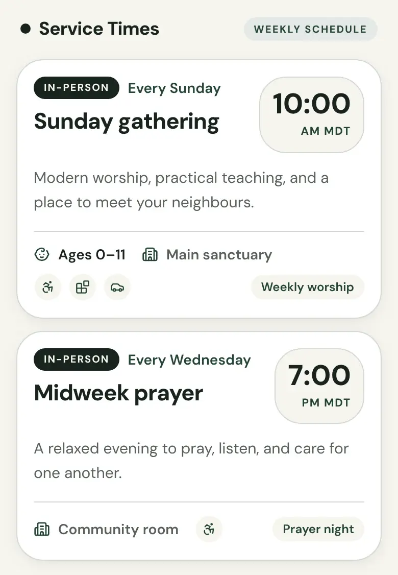 Service Times section of the Sample Church page listing the Sunday gathering at 10:00 AM and the Midweek prayer on Wednesday at 7:00 PM each with its description, room, and small icons; the Sunday card also shows Ages 0–11 and a Weekly worship label.
