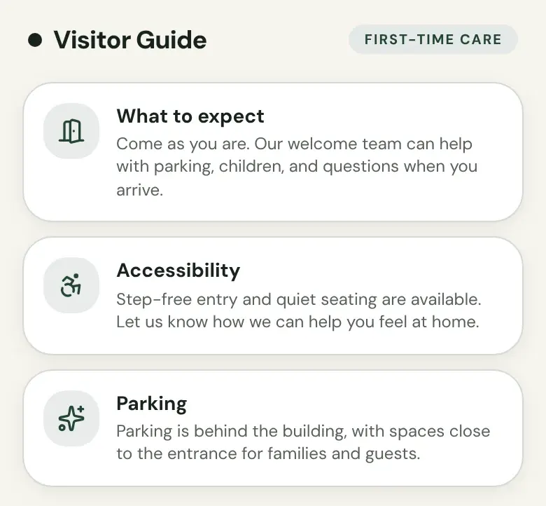 Visitor Guide section of the Sample Church page with a First-time care label and cards for What to expect, Accessibility and Parking.