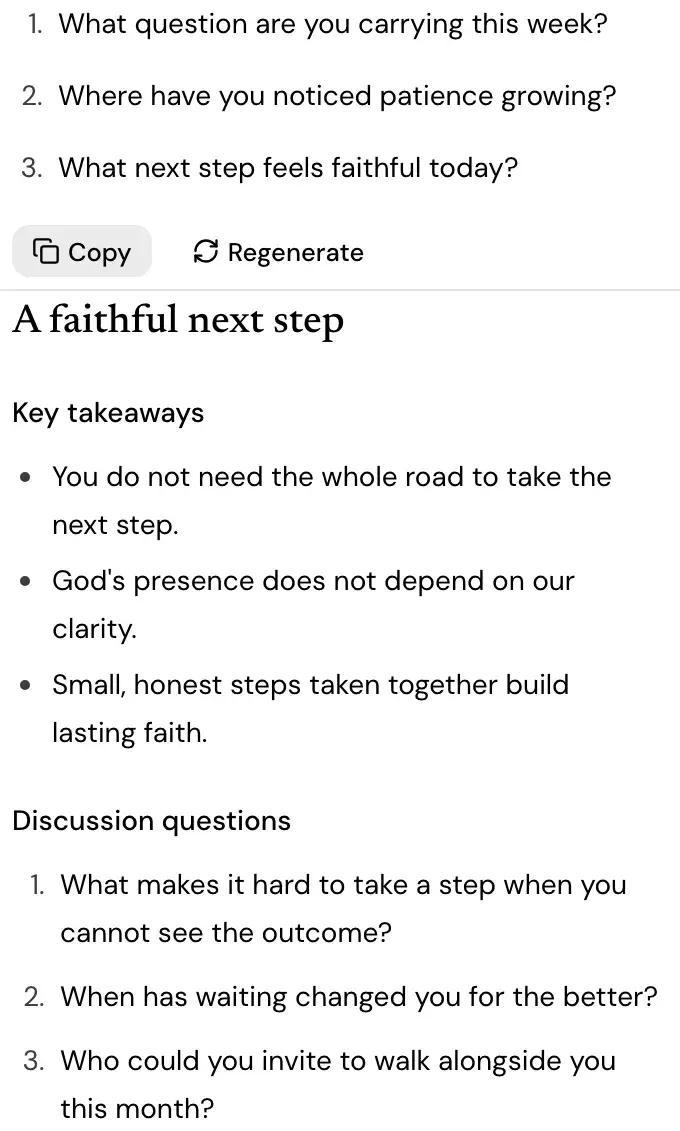 A sample small group guide for the sermon A Faithful Next Step, with its key takeaways.