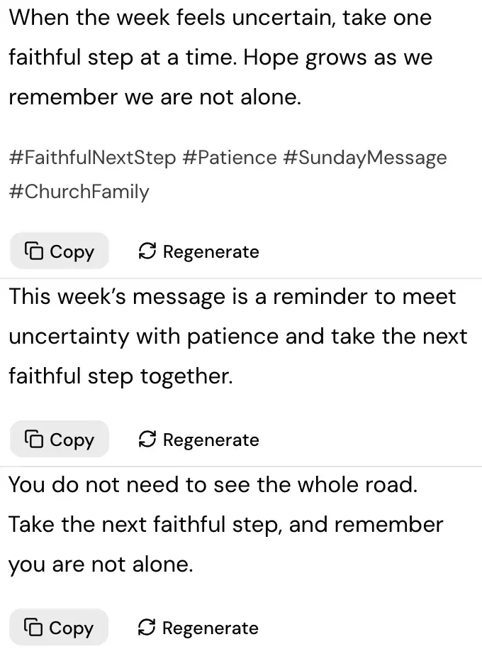 A sample caption for a sermon post, with its hashtag line.