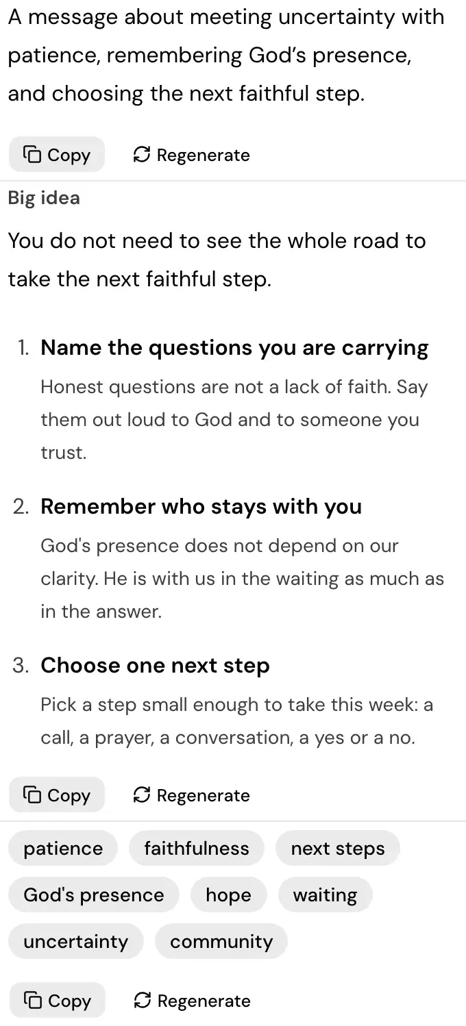A sample summary of the sermon A Faithful Next Step: its big idea and the first key point.