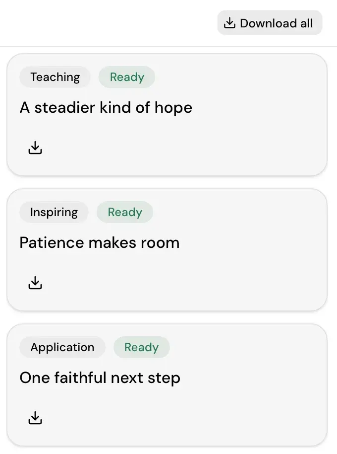 Sample sermon clips marked Ready, each with a download button, and a Download all button above them.
