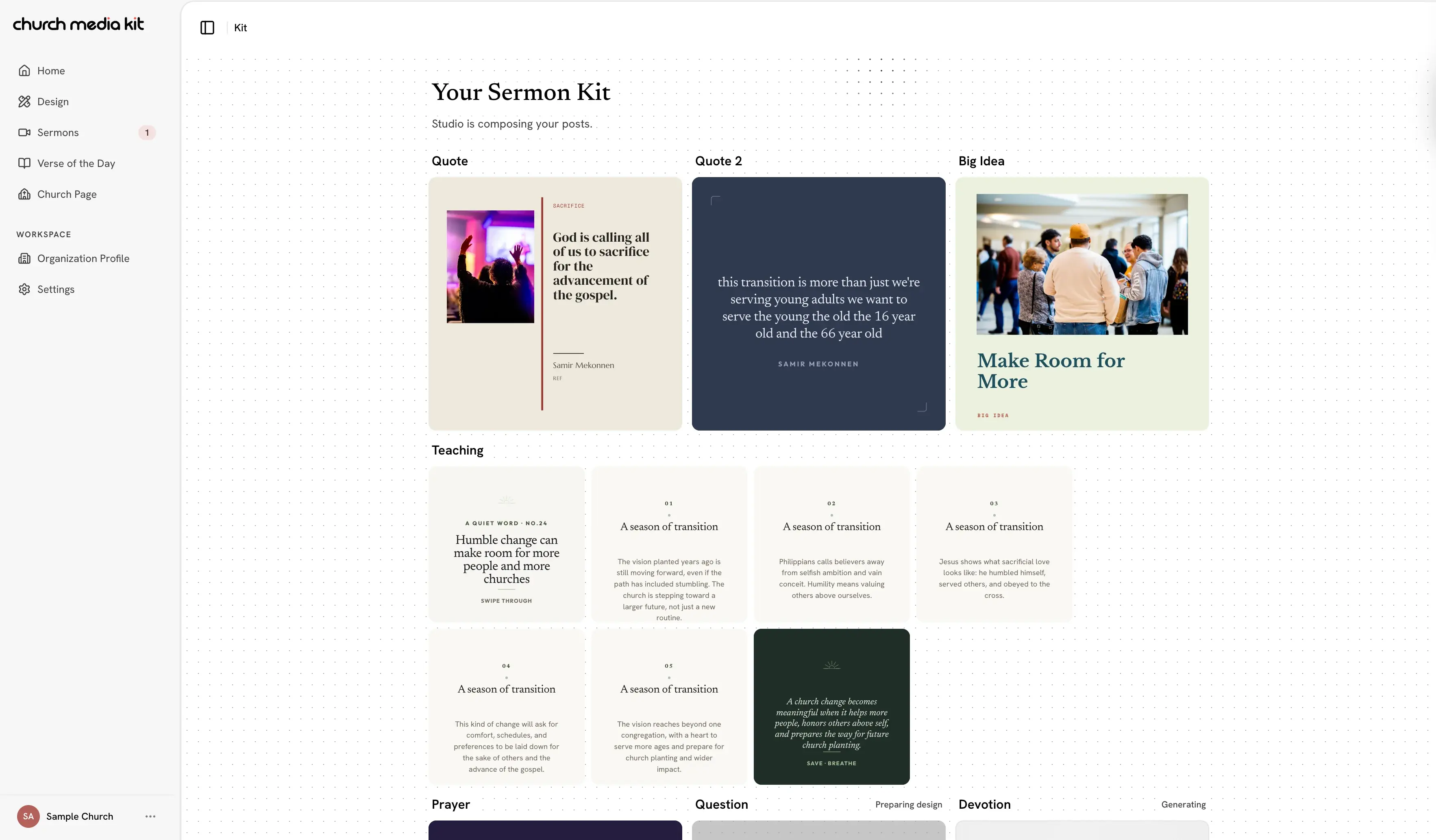 Church Media Kit showing a fictional sermon transformed into five editable weekly content sections