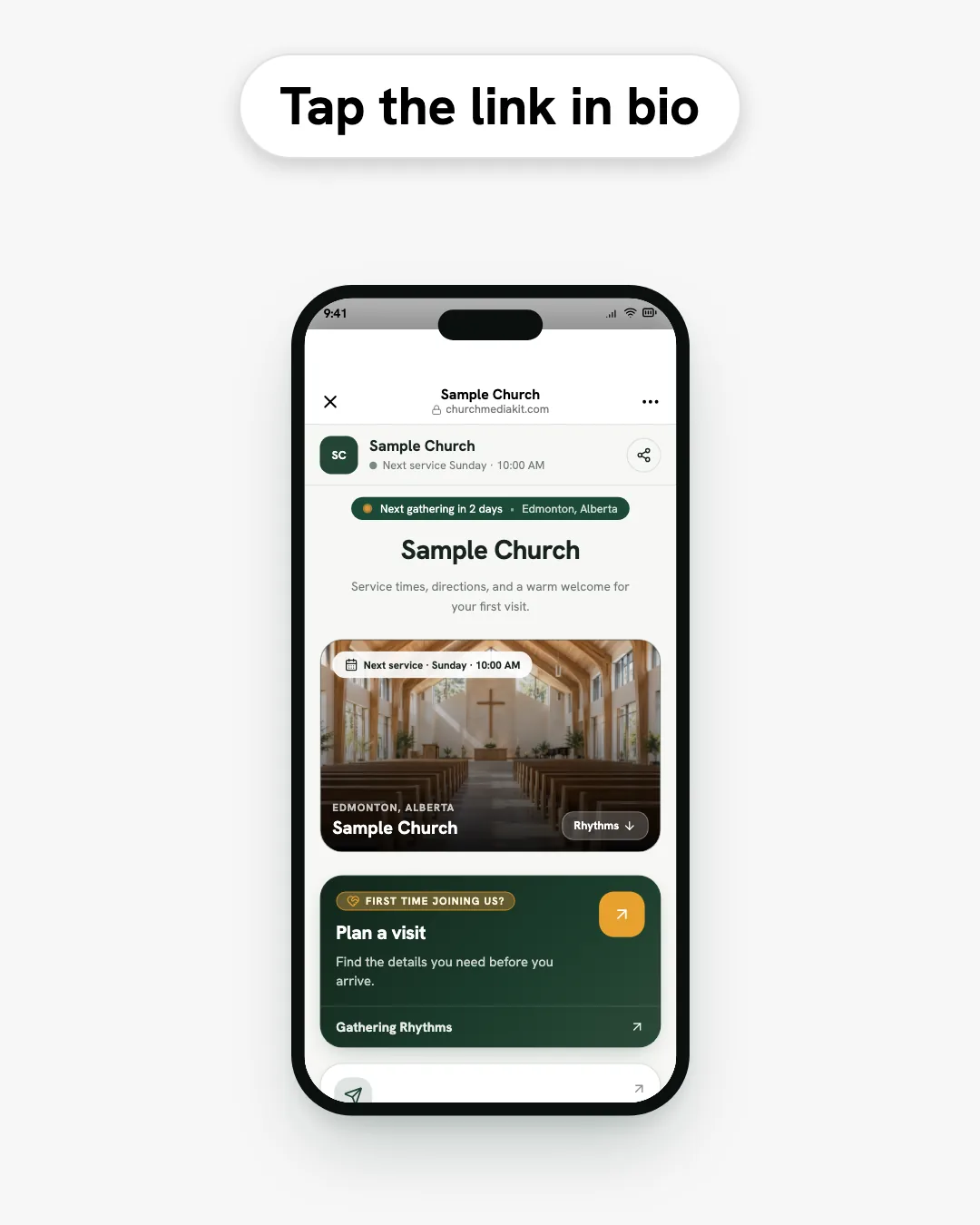The words Tap the link in bio above a sample church's page opening on a phone.