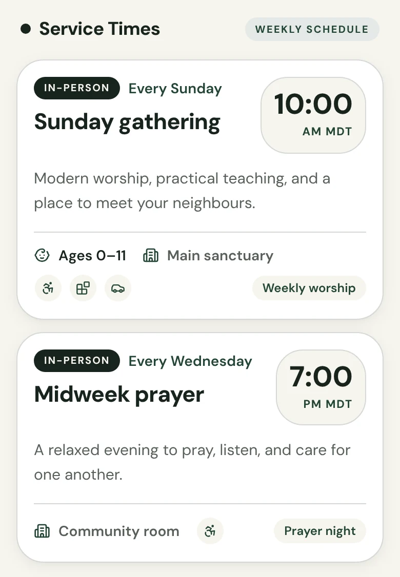 Service Times section of the Sample Church page listing the Sunday gathering at 10:00 AM and the Midweek prayer on Wednesday at 7:00 PM each with its description, room, and small icons; the Sunday card also shows Ages 0–11 and a Weekly worship label.