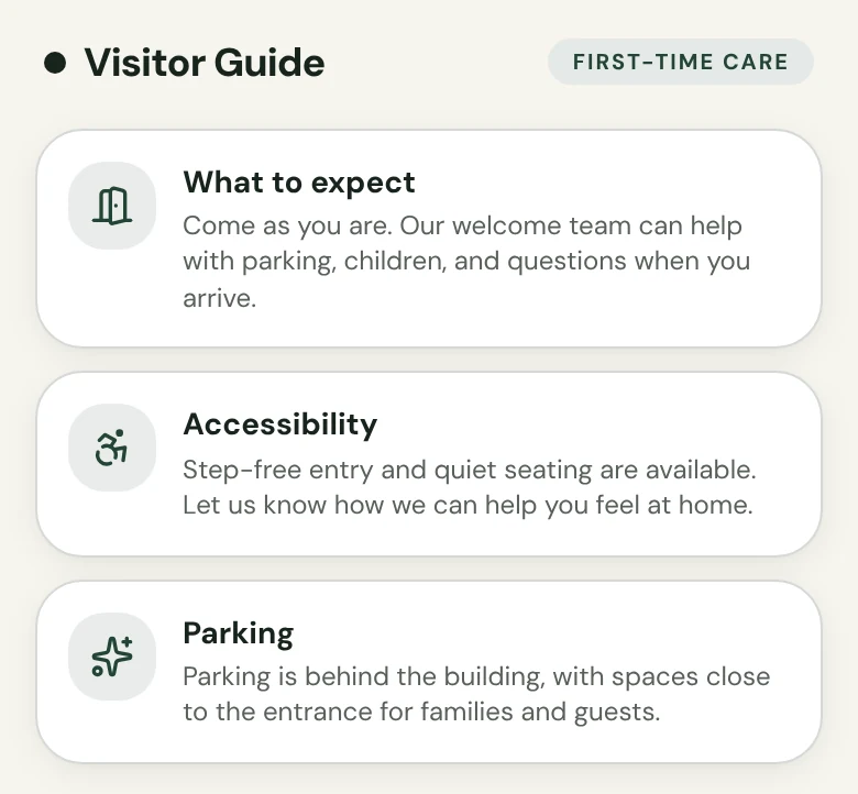 Visitor Guide section of the Sample Church page with a First-time care label and cards for What to expect, Accessibility and Parking.