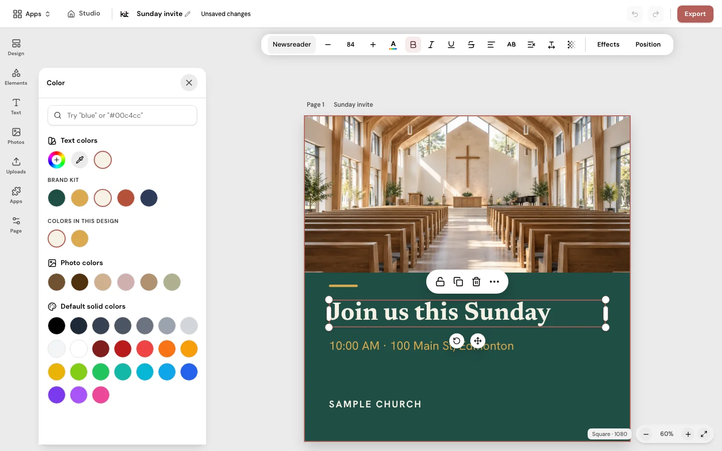 The color panel in the Design editor with the Sample Church heading selected: a Brand Kit row of five round color swatches above the colors in the design and the default solid colors.