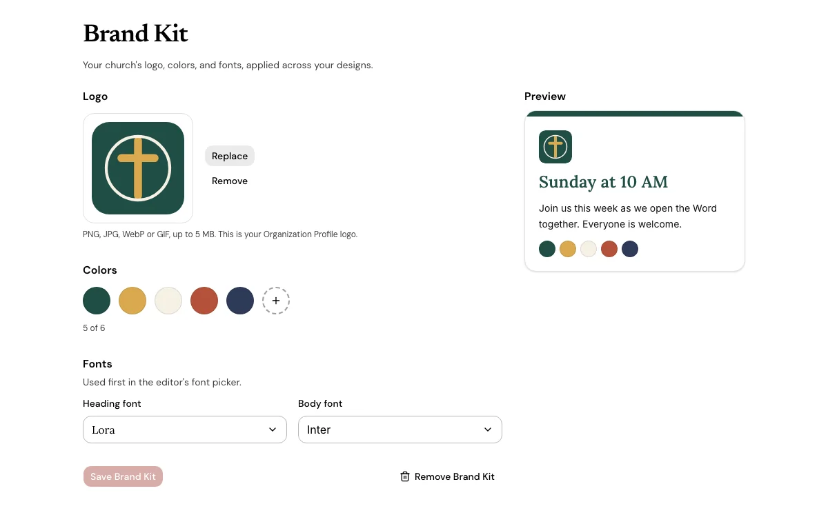 The Brand Kit page for Sample Church: a preview of the church logo, colors and fonts, a logo tile, a row of five color swatches and Lora and Inter font choices.
