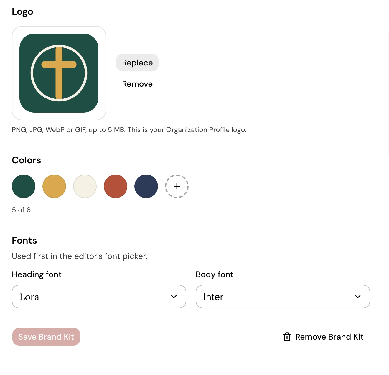 The Brand Kit page for Sample Church: the church logo with Replace and Remove, a row of five color swatches with a button to add a sixth, and the Lora heading and Inter body font choices.