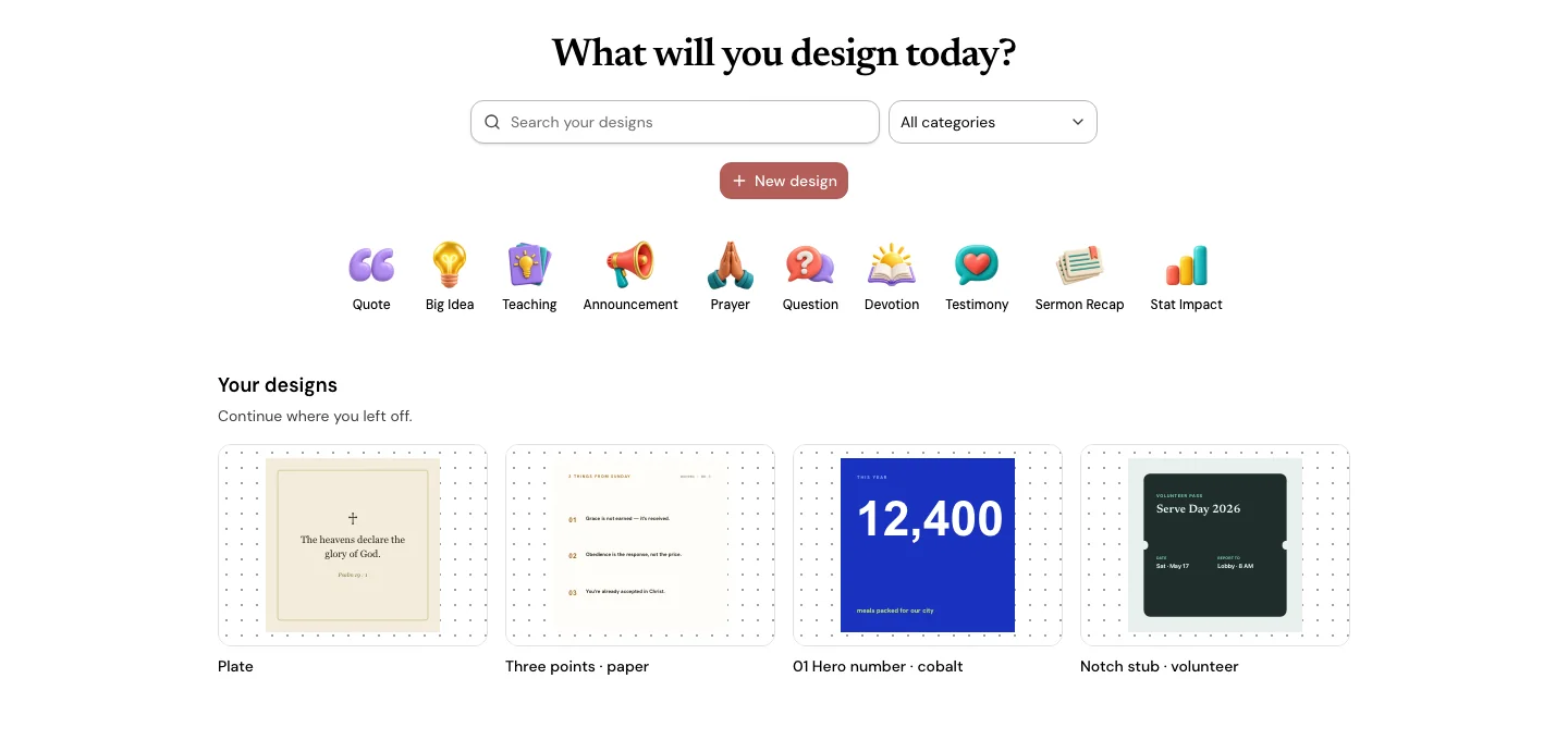 The Design library for Sample Church: a search field, a category menu and a New design button above saved designs including a verse card, a three points sermon recap, a big number graphic and a volunteer ticket.