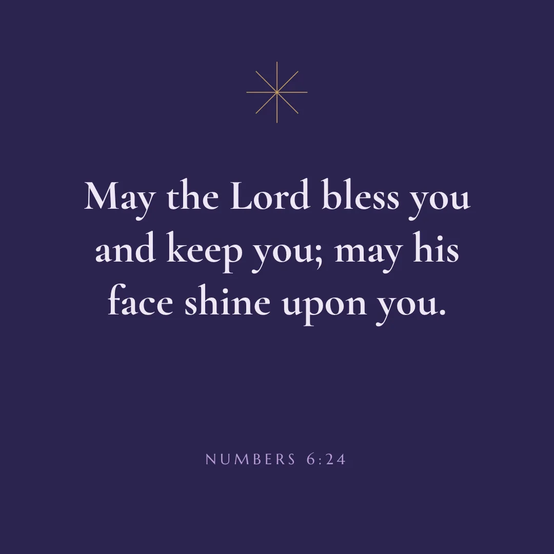 A finished prayer graphic, Square: the blessing May the Lord bless you and keep you; may his face shine upon you with the reference Numbers 6:24 on a deep purple background.