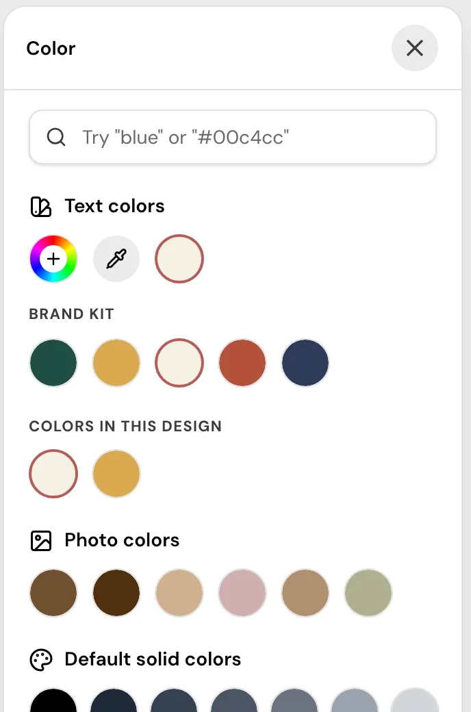 The Color panel of the Design editor with the Sample Church heading selected: a Brand Kit row of five round color swatches above the colors in this design and the default solid colors.