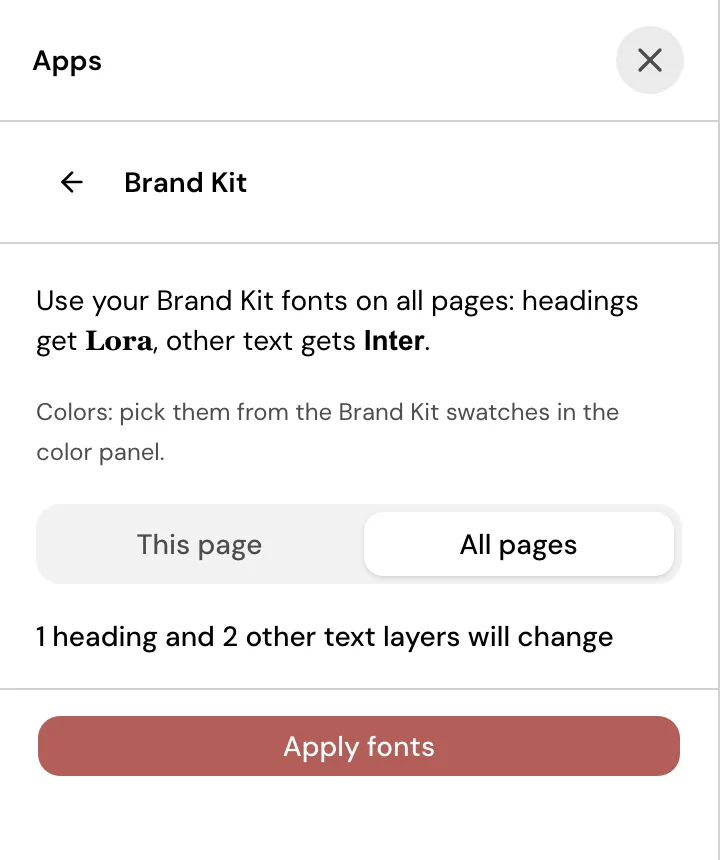 The Brand Kit panel in the Design editor: a This page and All pages choice, a line naming the Lora heading font and Inter body font, a line saying which text layers will change, and an Apply fonts button.