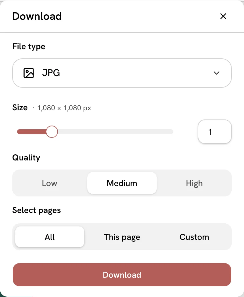 The Download dialog of the Design editor: a File type choice set to JPG, a size slider, Low, Medium and High quality, All, This page and Custom page choices and a Download button.