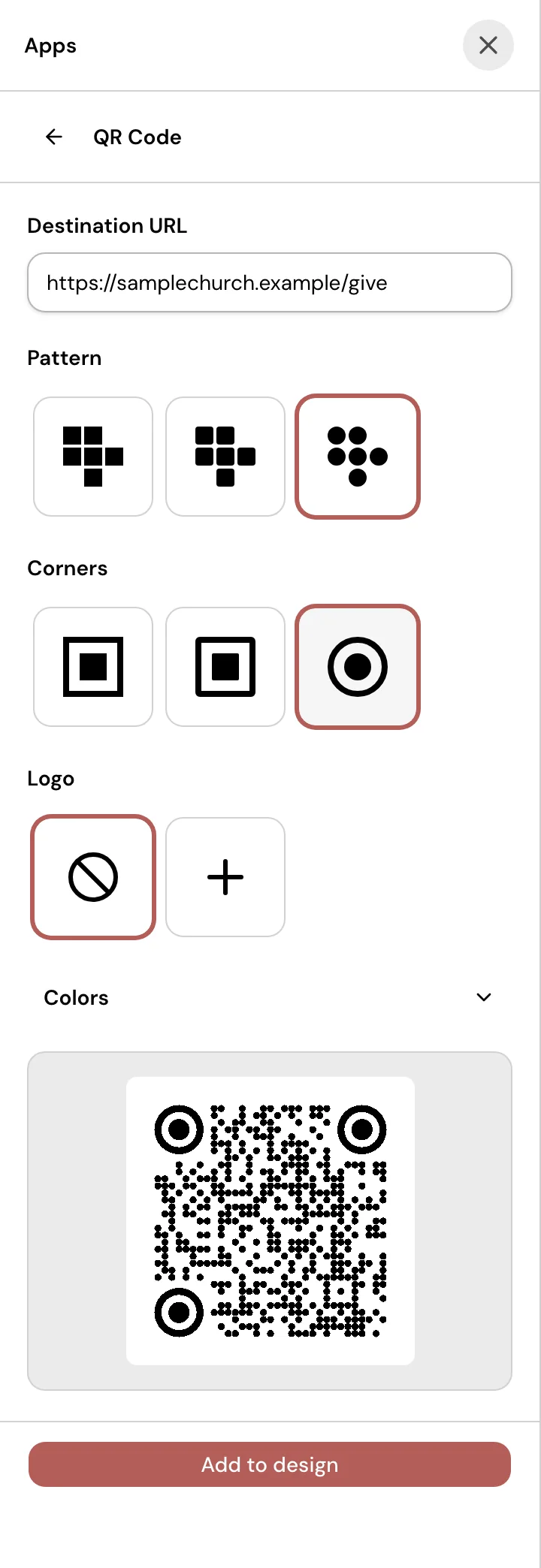 The QR Code panel of the Design editor with a Sample Church giving link in the Destination URL field, the Dots pattern and Circular corners chosen, a Logo row with None and Upload choices, and the preview of the scannable code.