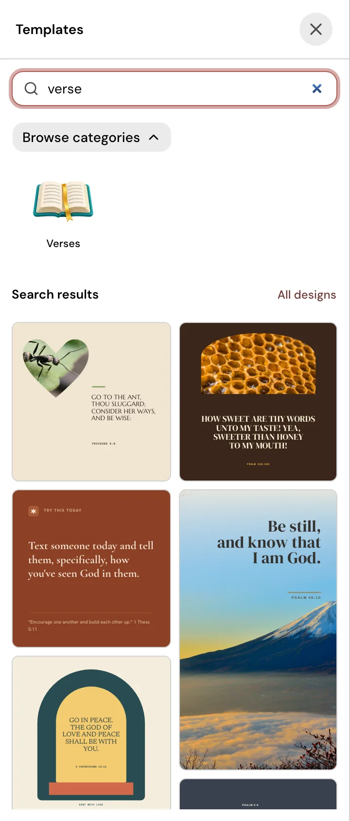 The Templates panel of the Design editor with the word verse typed into the search field and the matching church template designs listed below it.
