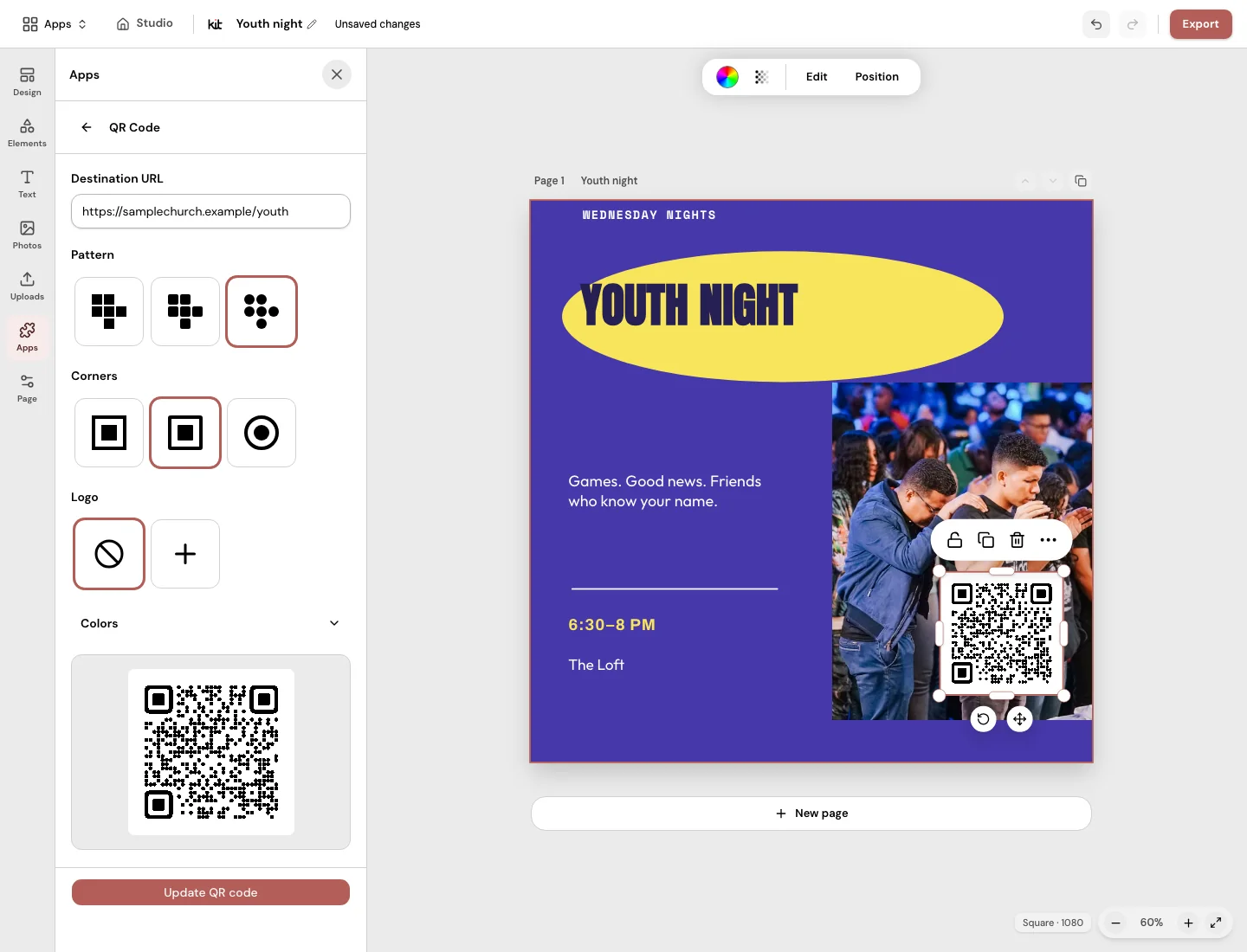 The QR Code panel open in the Design editor beside a Youth night event flyer with a QR code placed on its photo: a Destination URL field, Pattern, Corners and Logo choices, and a preview of the scannable code.