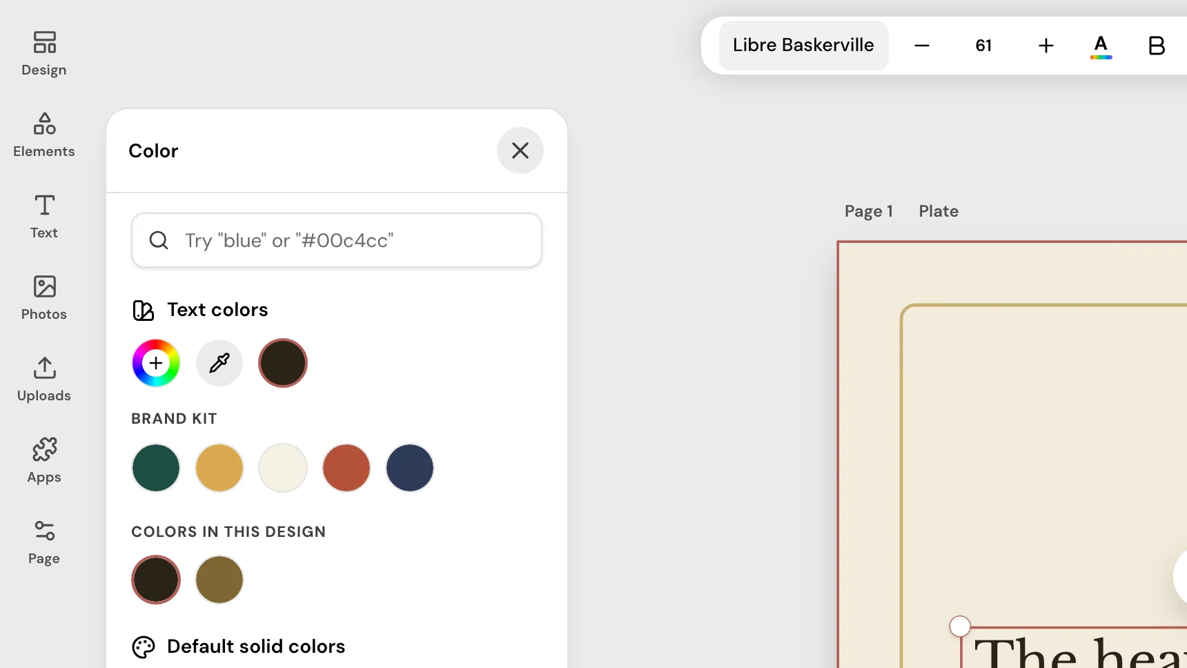The Design editor with a verse heading selected and the Color panel open: a Brand Kit row of round color swatches beside the verse design.