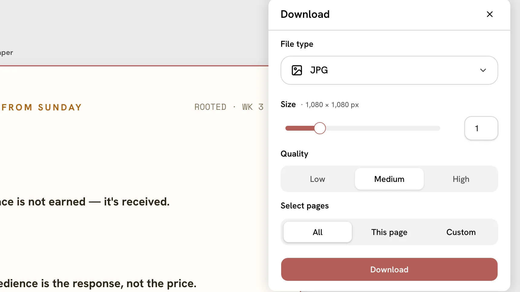 The Download dialog of the Design editor open over a three points sermon recap design: a File type choice, a size slider, quality choices and a Download button.