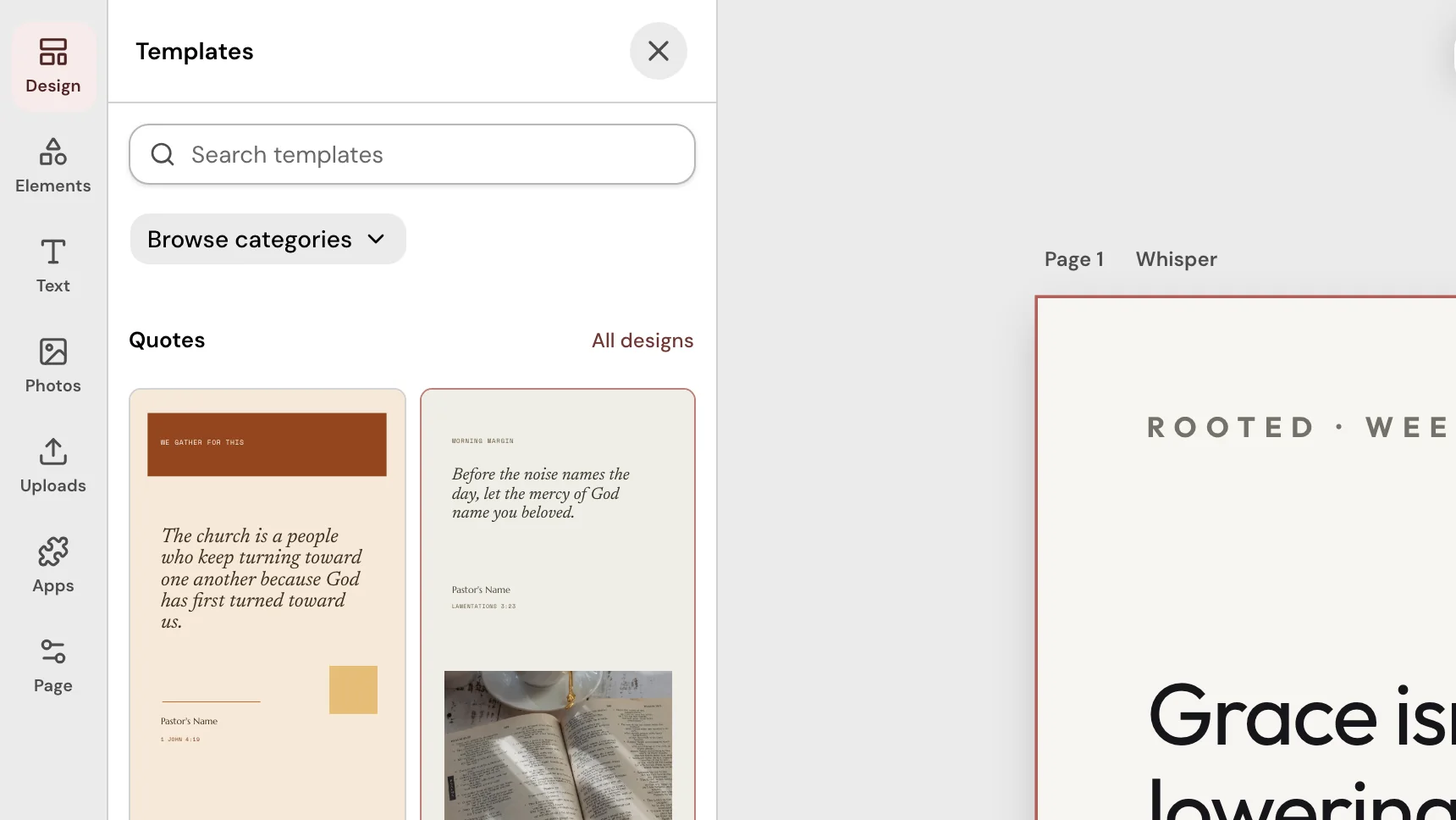 The Templates panel of the Design editor with the Quotes category chosen: a grid of church quote template designs beside a quote design on the page.