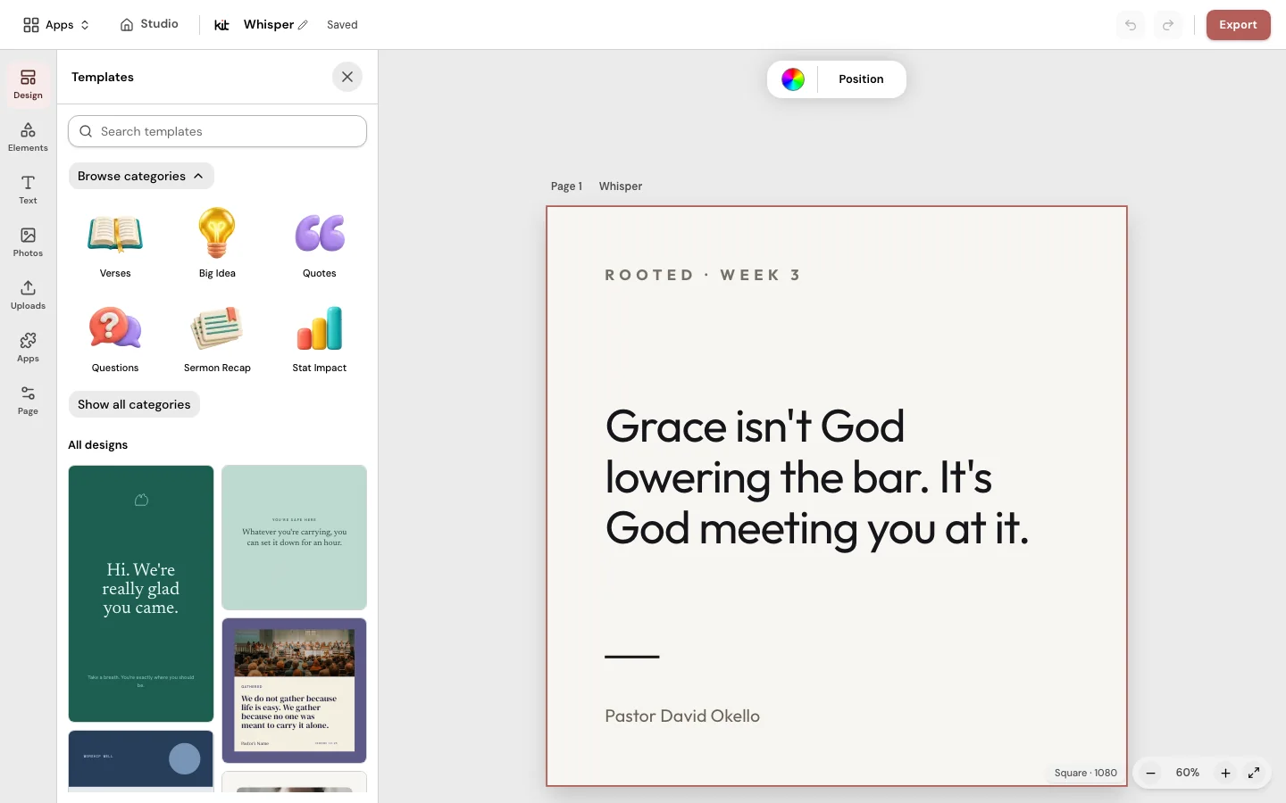 The Templates panel of the Design editor beside a quote design: a search field, a Browse categories menu with Verses, Big Idea, Quotes, Questions, Sermon Recap and Stat Impact, and a grid of church template designs.