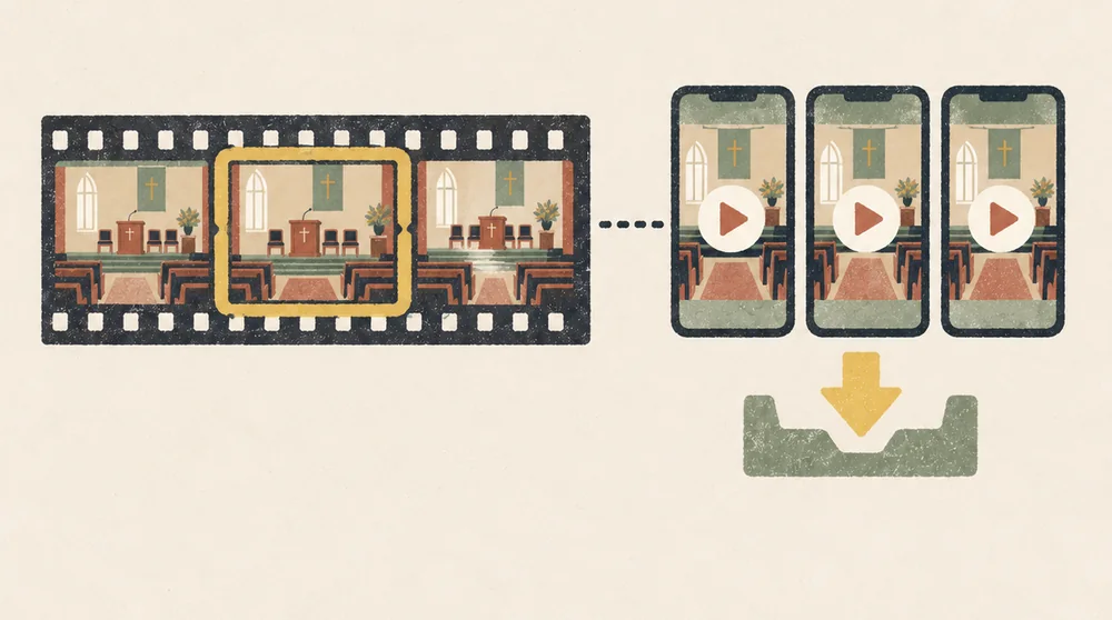 Illustration of a film strip with one frame marked, three vertical clip cards and a download tray.