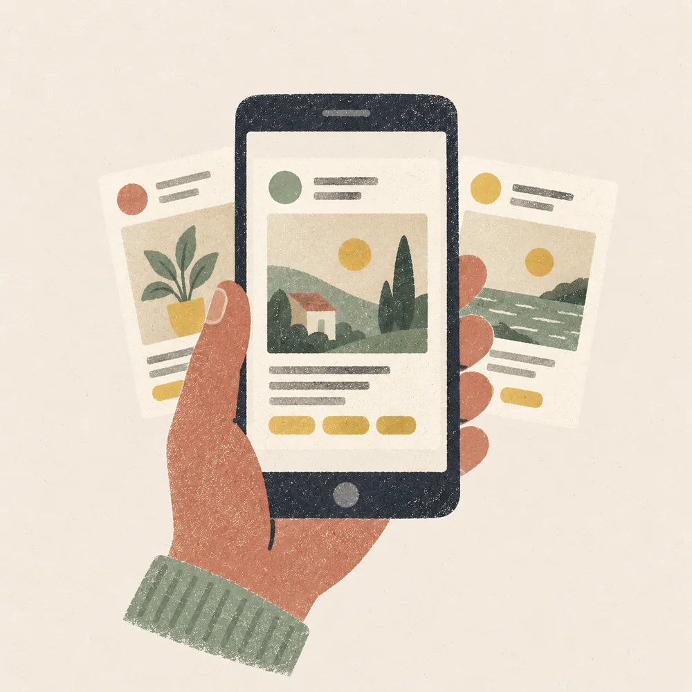 Illustration of a hand holding a phone with a social post draft, with two more drafts behind it.